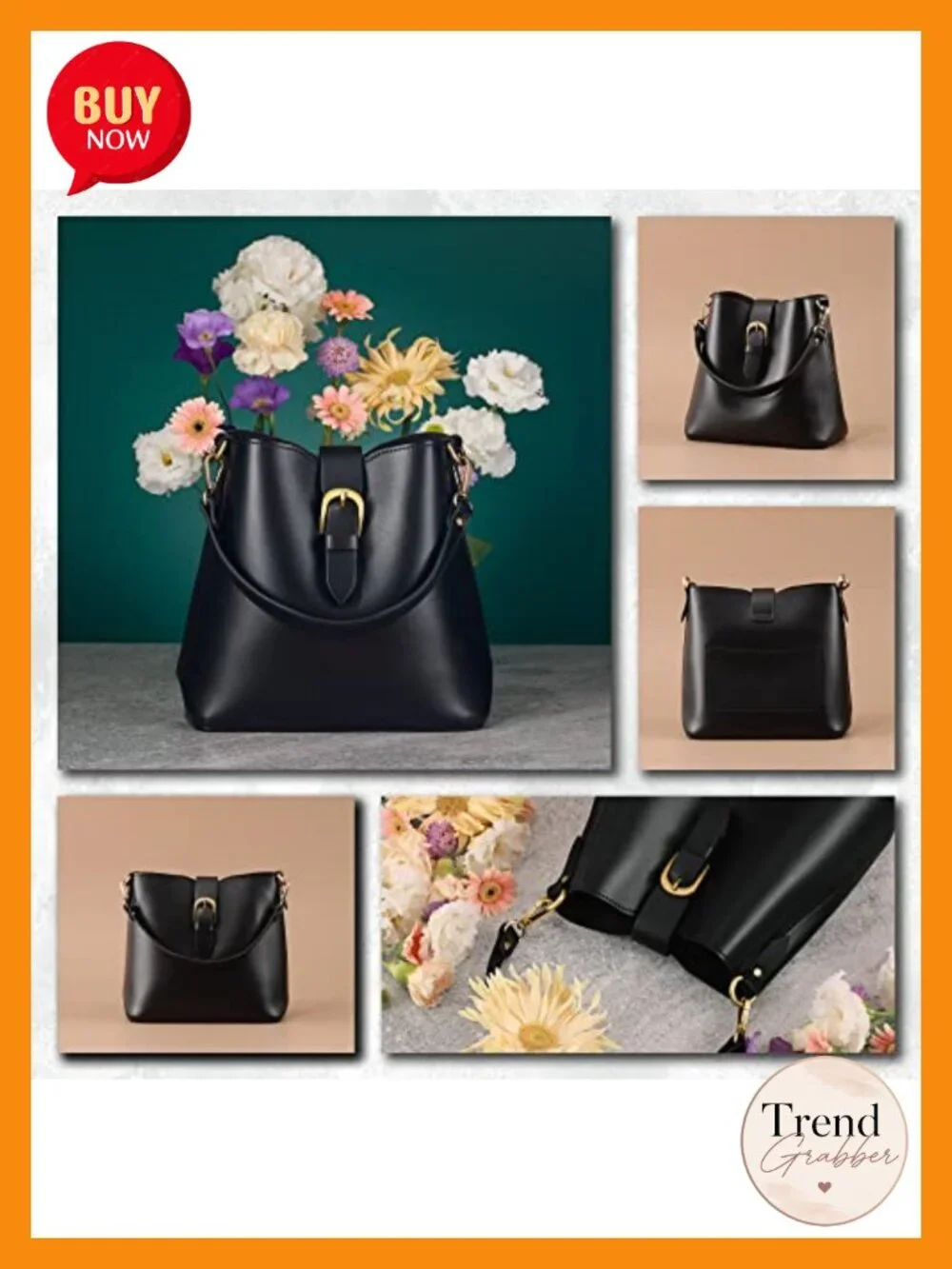 Vegan Leather Bucket Bag Handbag with Removable Pouch Crossbody Adjustable Strap